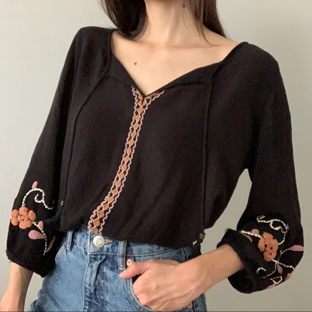 Forever21 Black Embroidered Peasant Top